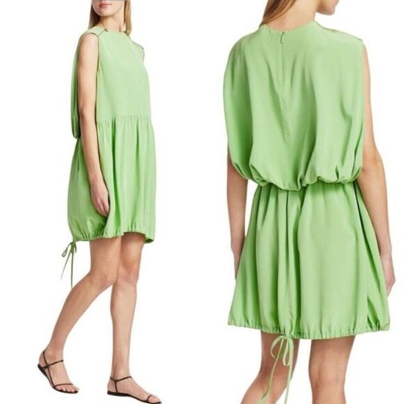 Tibi Eco Silk Cape Mini Dress 2 Mint Green Zip Sleeveless Tie Hem - Picture 1 of 16
